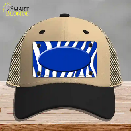 Blue White Zebra Blue Center Oval Novelty License Plate Hat Mesh / Khaki|Black