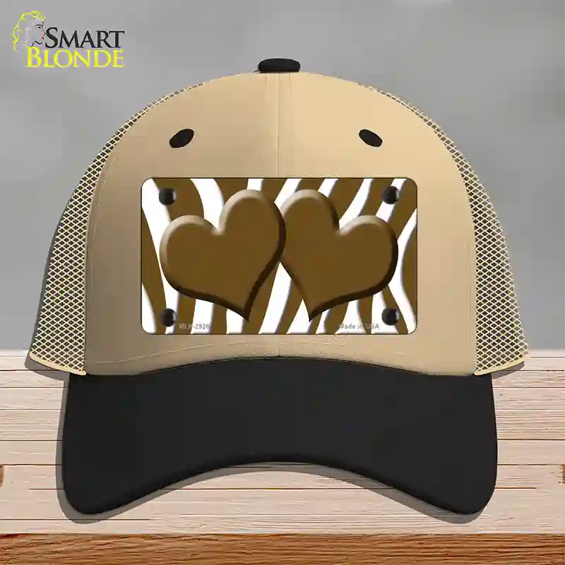 Brown White Zebra Brown Centered Hearts Novelty License Plate Hat Mesh / Khaki|Black