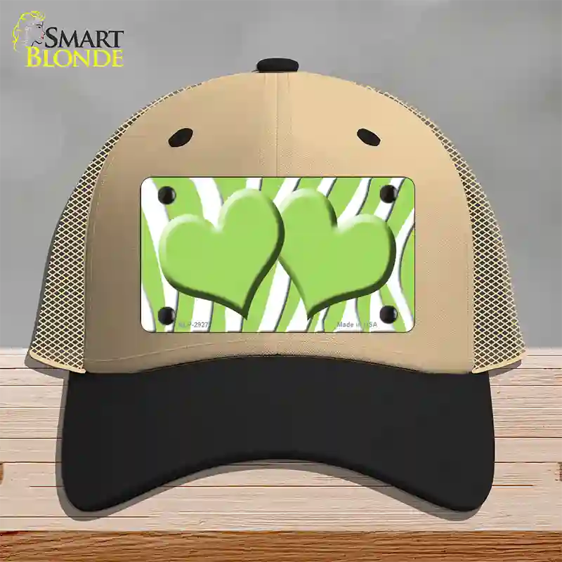 Lime Green White Zebra Lime Green Centered Hearts Novelty License Plate Hat Mesh / Khaki|Black