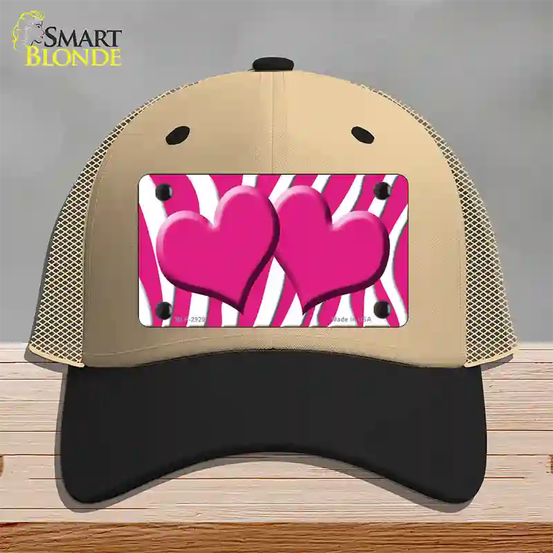 Pink White Zebra Pink Centered Hearts Novelty License Plate Hat Mesh / Khaki|Black