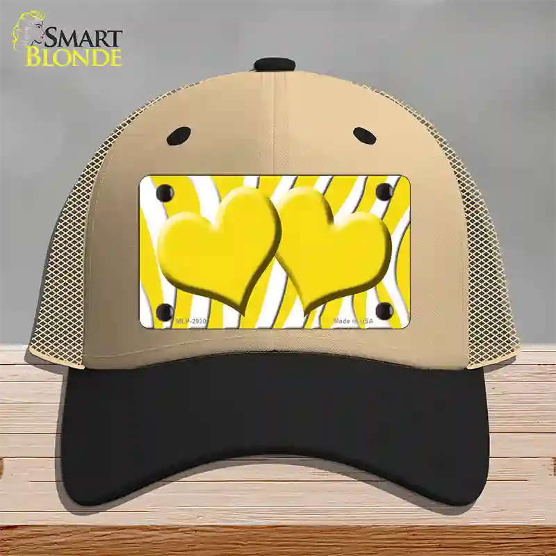 Yellow White Zebra Yellow Centered Hearts Novelty License Plate Hat Mesh / Khaki|Black