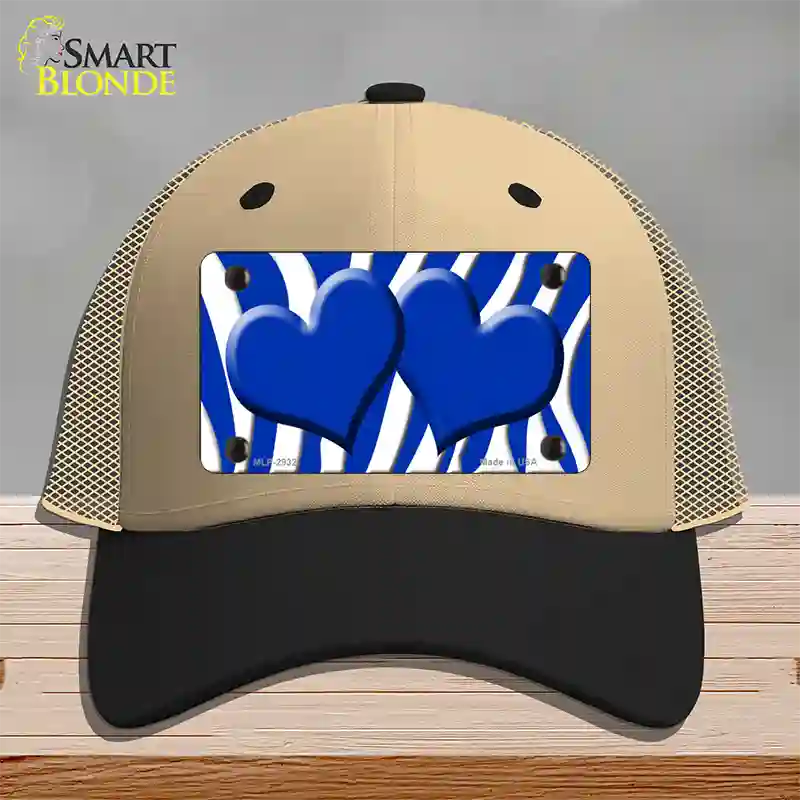 Blue White Zebra Blue Centered Hearts Novelty License Plate Hat Mesh / Khaki|Black