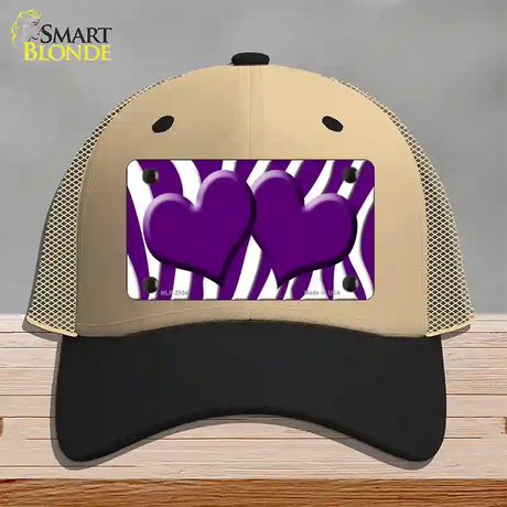 Purple White Zebra Purple Centered Hearts Novelty License Plate Hat Mesh / Khaki|Black