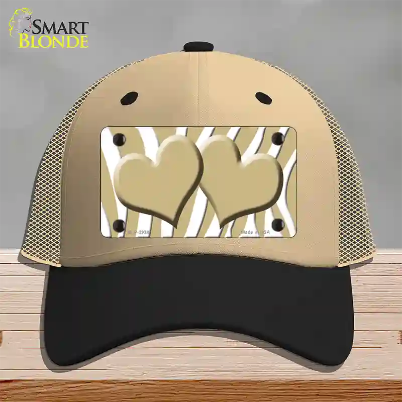 Gold White Zebra Gold Centered Hearts Novelty License Plate Hat Mesh / Khaki|Black