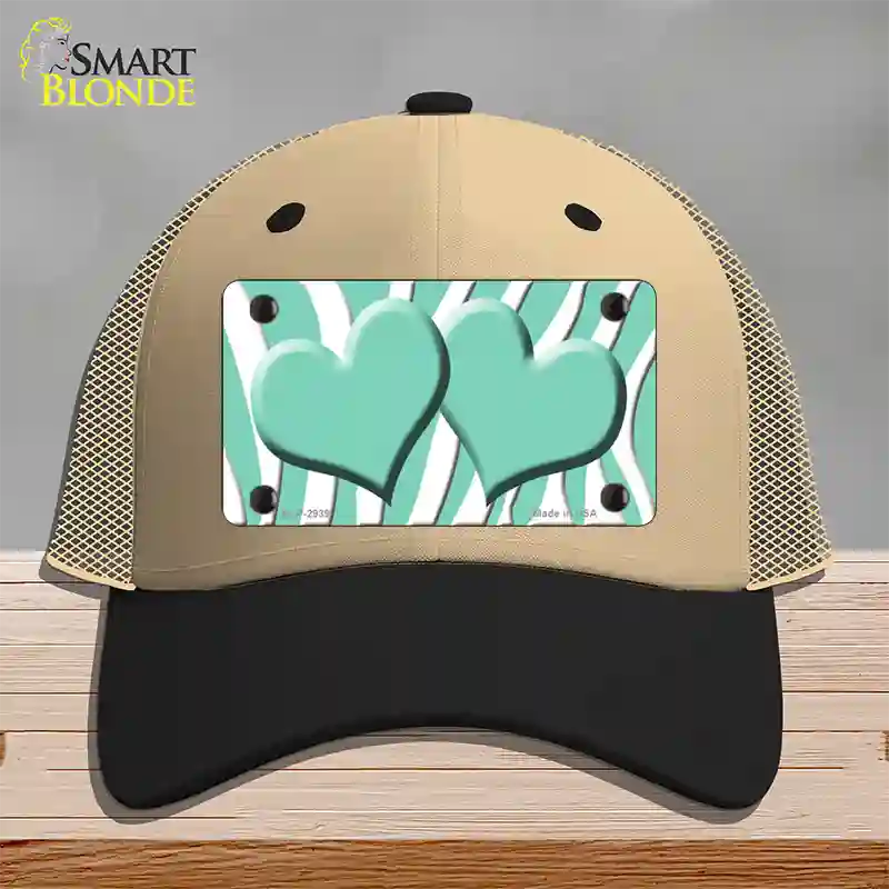 Mint White Zebra Mint Centered Hearts Novelty License Plate Hat Mesh / Khaki|Black