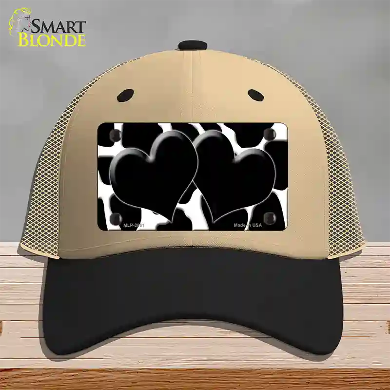 Black White Giraffe Black Centered Hearts Novelty License Plate Hat Mesh / Khaki|Black