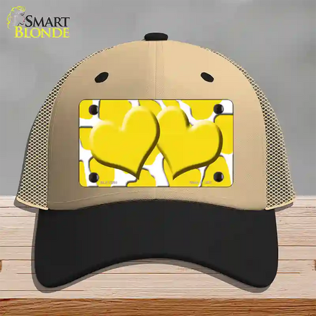 Yellow White Giraffe Yellow Centered Hearts Novelty License Plate Hat Mesh / Khaki|Black