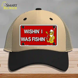 Wishin I Was Fishin Red Novelty License Plate Hat Mesh / Khaki|Black