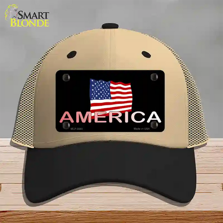 American Flag Black Novelty License Plate Hat Mesh / Khaki|Black