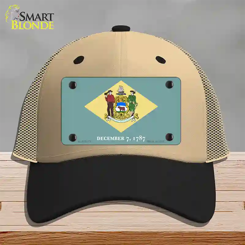 Delaware State Flag Novelty License Plate Hat Mesh / Khaki|Black