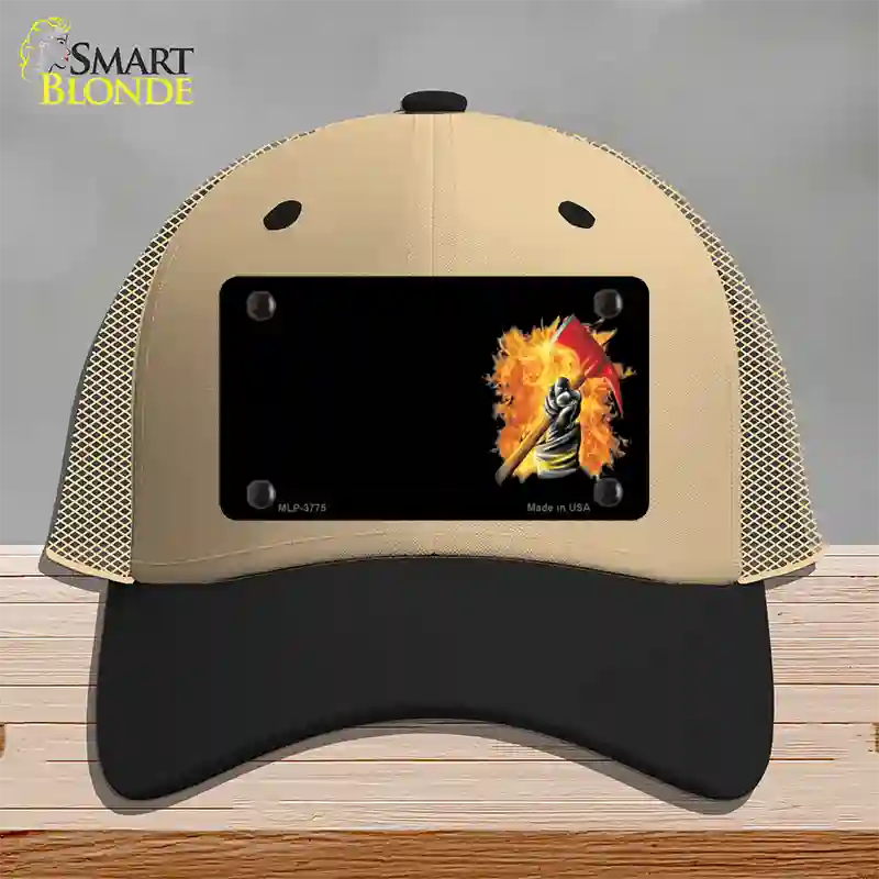 Firefighter Flaming Ax Offset Novelty License Plate Hat Mesh / Khaki|Black