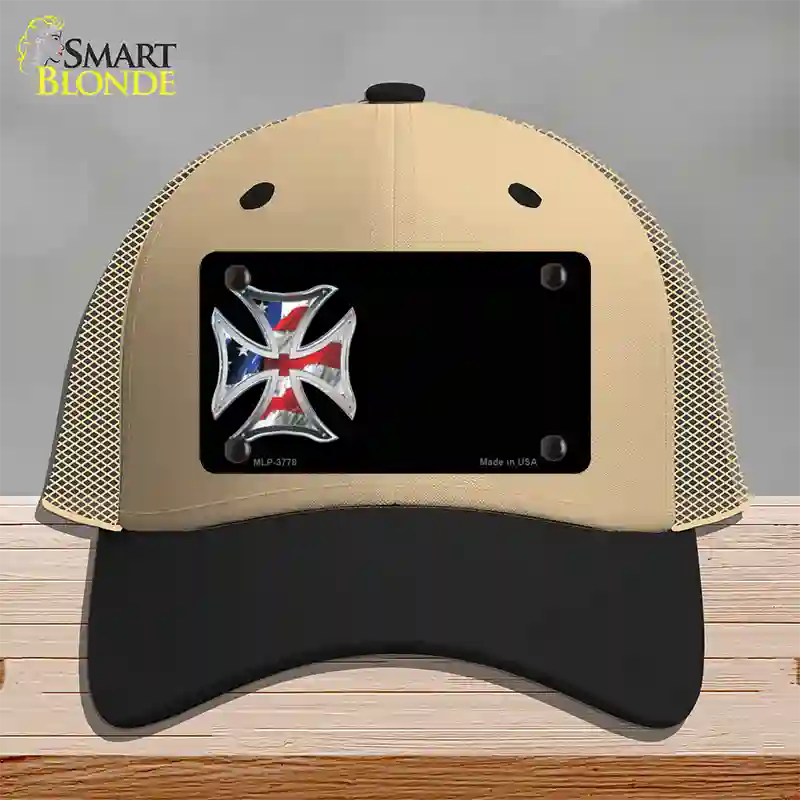 American Flag Maltese Cross Offset Novelty License Plate Hat Mesh / Khaki|Black