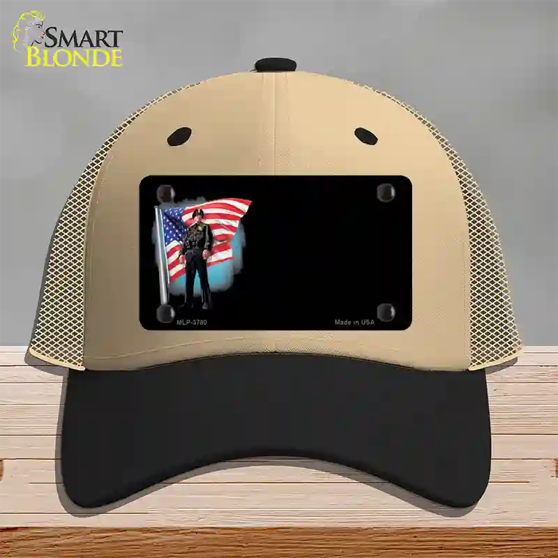 Police Officer American Flag Offset Novelty License Plate Hat Mesh / Khaki|Black