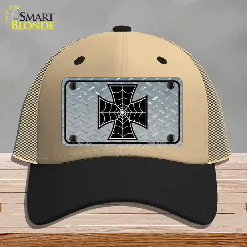 Maltese Cross Spider Web Novelty License Plate Hat Mesh / Khaki|Black