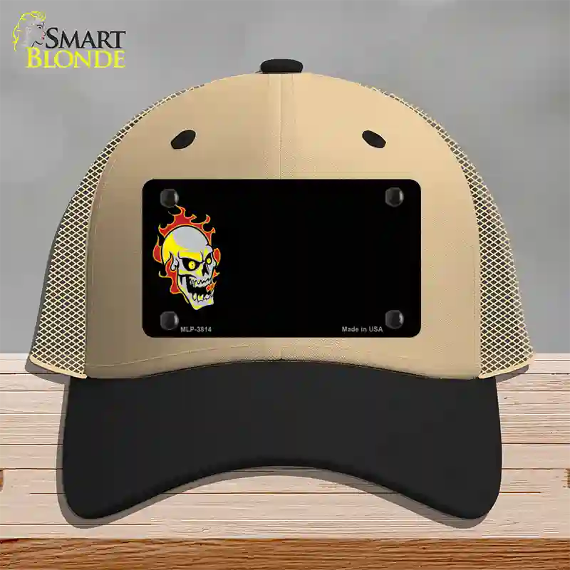 Flaming Skull Offset Novelty License Plate Hat Mesh / Khaki|Black