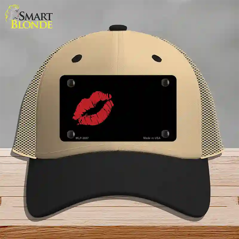 Red Lips Offset Novelty License Plate Hat Mesh / Khaki|Black