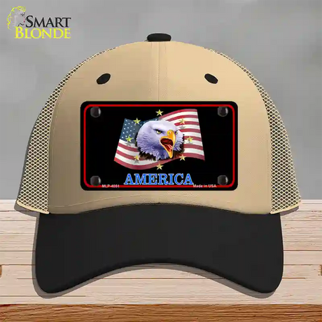 Waving Flag Bald Eagle Black Novelty License Plate Hat Mesh / Khaki|Black