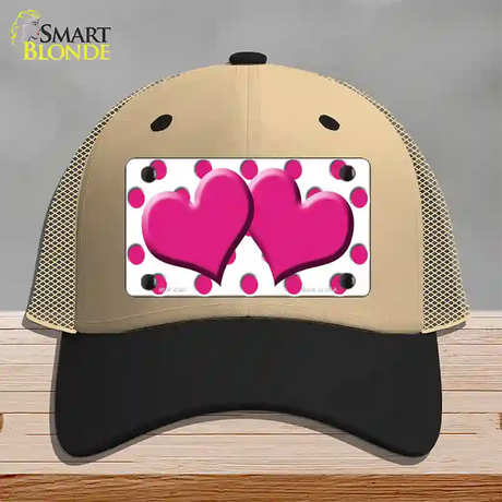 Hot Pink White Polka Dot Hot Pink Centered Hearts Novelty License Plate Hat Mesh / Khaki|Black