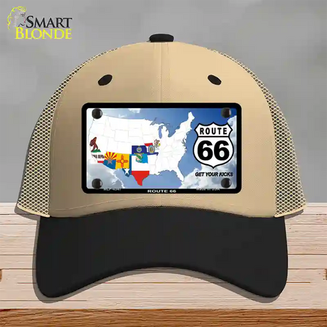 Route 66 8 Flags Clouds Novelty License Plate Hat Mesh / Khaki|Black