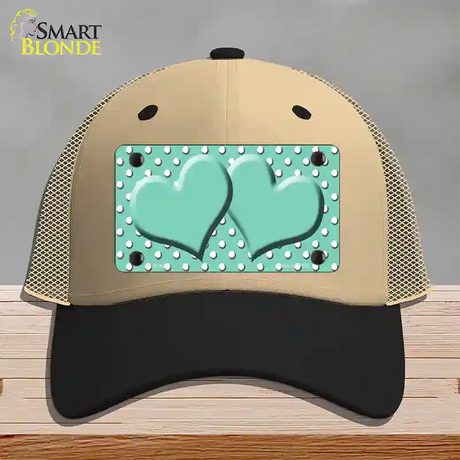 Mint White Polka Dot Center Hearts Novelty License Plate Hat Mesh / Khaki|Black