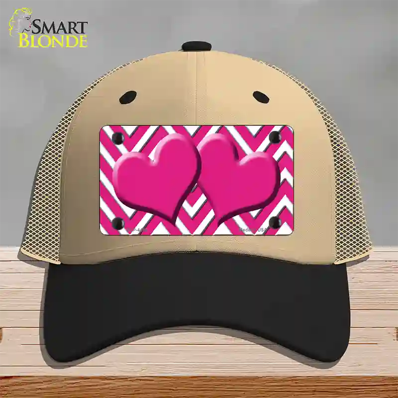 Pink White Large Chevron Hot Pink Center Hearts Novelty License Plate Hat Mesh / Khaki|Black