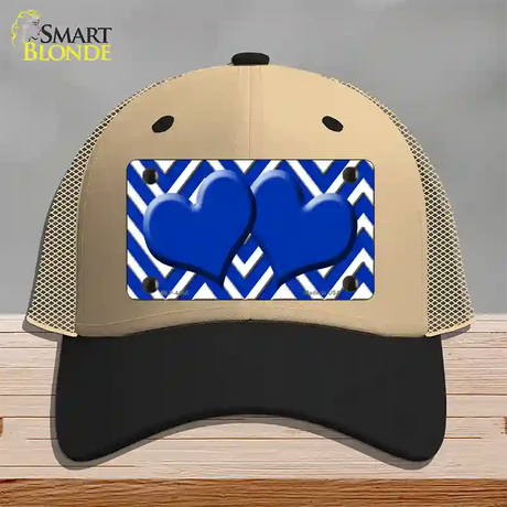 Blue White Large Chevron Blue Center Hearts Novelty License Plate Hat Mesh / Khaki|Black