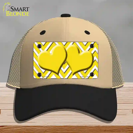 Yellow White Large Chevron Yellow Center Hearts Novelty License Plate Hat Mesh / Khaki|Black