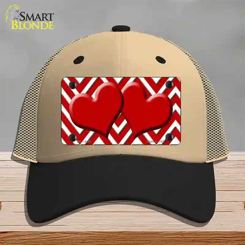 Red White Large Chevron Red Center Hearts Novelty License Plate Hat Mesh / Khaki|Black