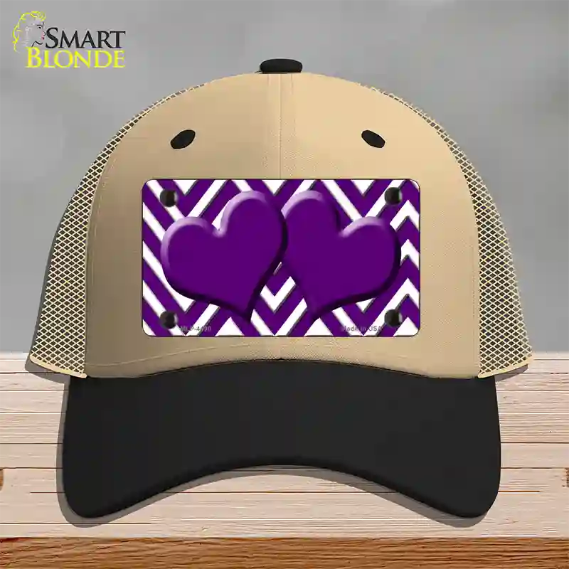 Purple White Large Chevron Purple Center Hearts Novelty License Plate Hat Mesh / Khaki|Black