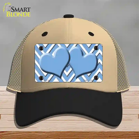 Light Blue White Large Chevron Light Blue Center Hearts Novelty License Plate Hat Mesh / Khaki|Black