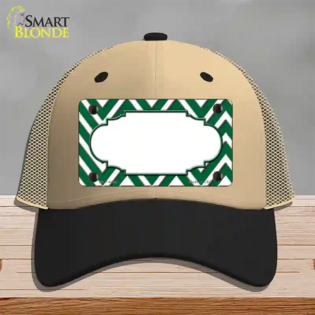 Green White Large Chevron Center Scallop Novelty License Plate Hat Mesh / Khaki|Black