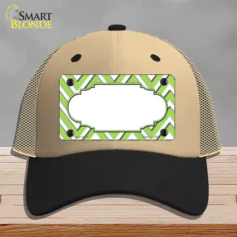 Lime Green White Large Chevron Center Scallop Novelty License Plate Hat Mesh / Khaki|Black