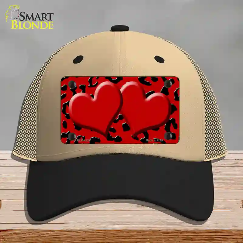 Red Black Cheetah Red Center Hearts Novelty License Plate Hat Mesh / Khaki|Black