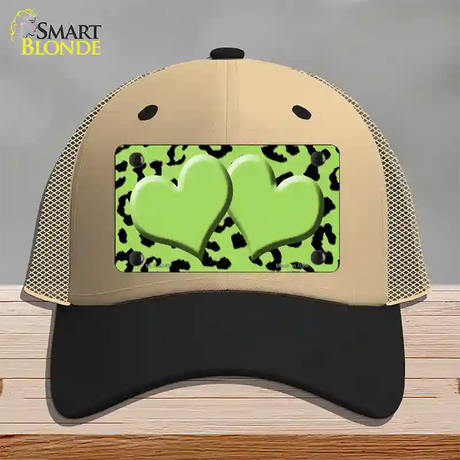 Lime Green Black Cheetah Lime Green Center Hearts Novelty License Plate Hat Mesh / Khaki|Black