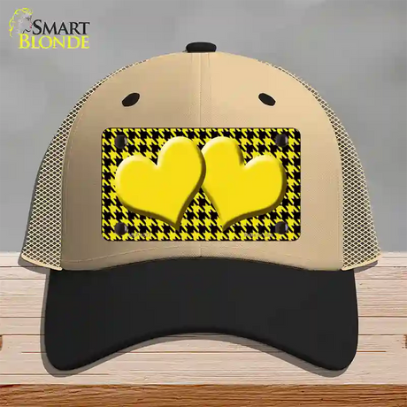 Yellow Black Houndstooth Yellow Center Hearts Novelty License Plate Hat Mesh / Khaki|Black