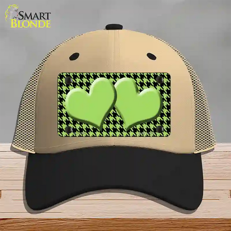 Lime Green Black Houndstooth Lime Green Center Hearts Novelty License Plate Hat Mesh / Khaki|Black