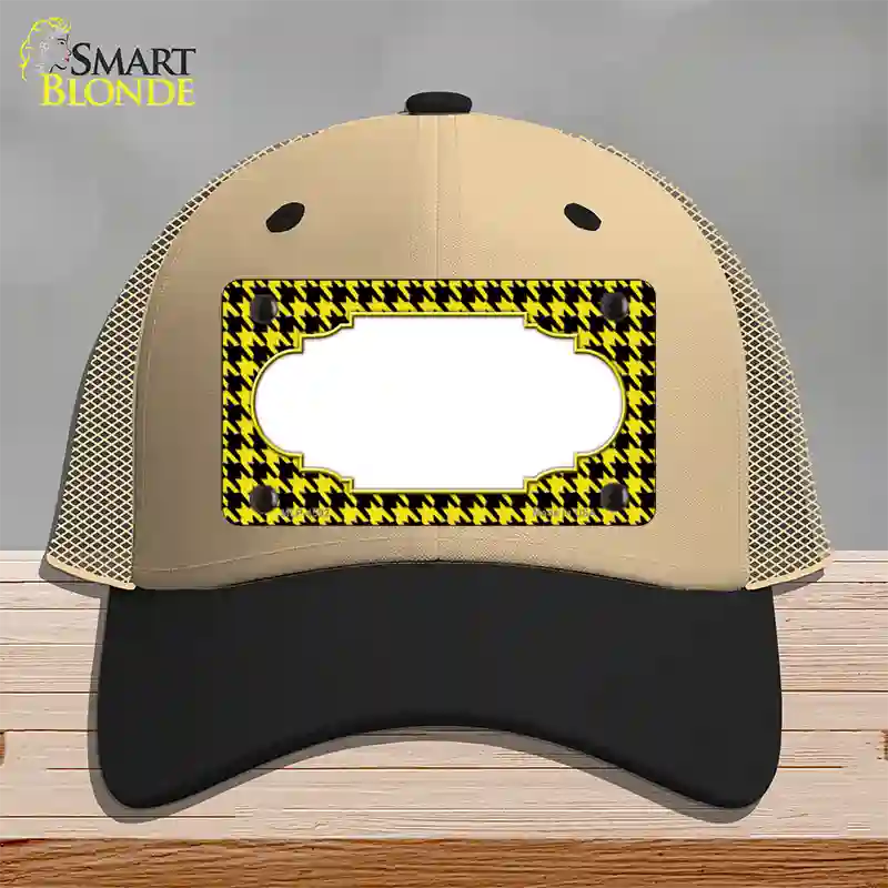 Yellow Black Houndstooth Scallop Center Novelty License Plate Hat Mesh / Khaki|Black