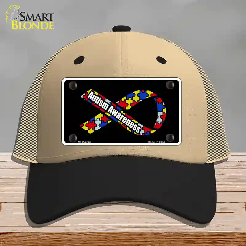 Autism Awareness Ribbon Novelty License Plate Hat Mesh / Khaki|Black