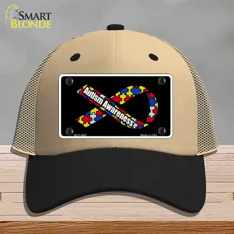 Autism Awareness Ribbon Novelty License Plate Hat Mesh / Khaki|Black