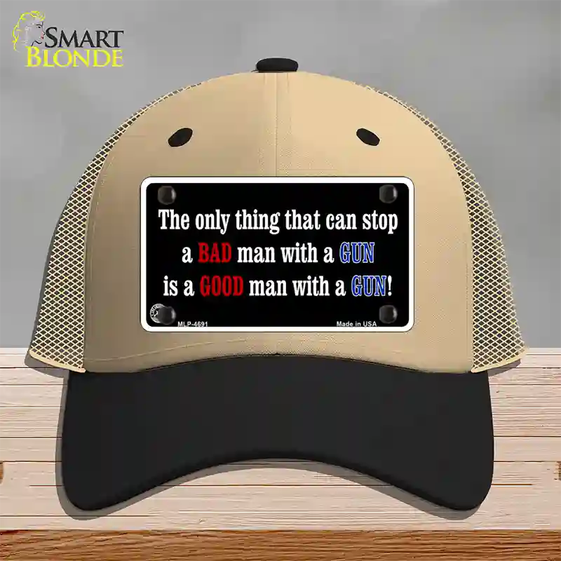 Stop A Bad Man Novelty License Plate Hat Mesh / Khaki|Black