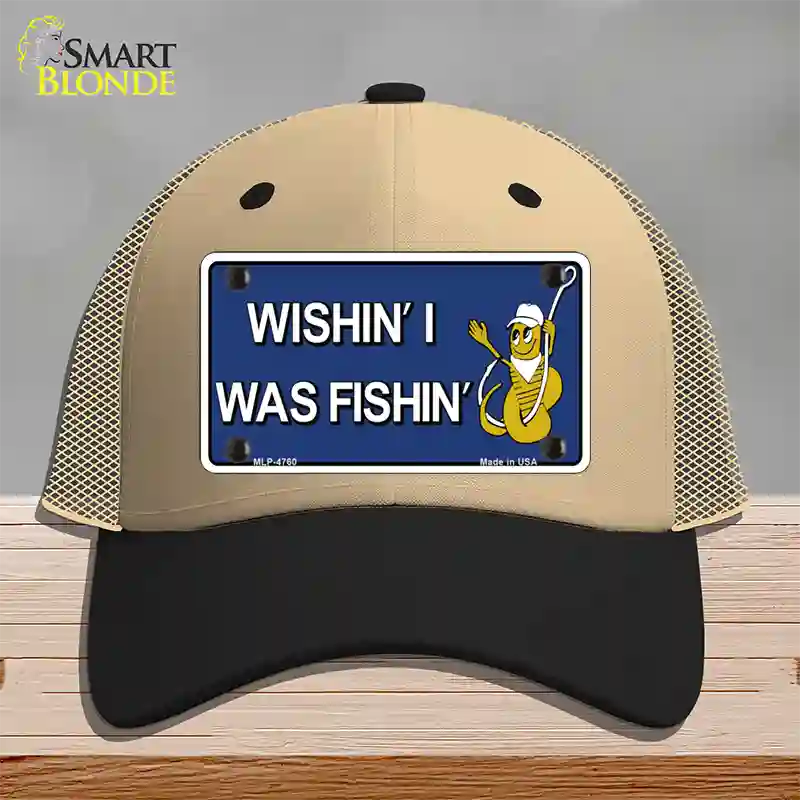 Wishin I Was Fishin Blue Novelty License Plate Hat Mesh / Khaki|Black