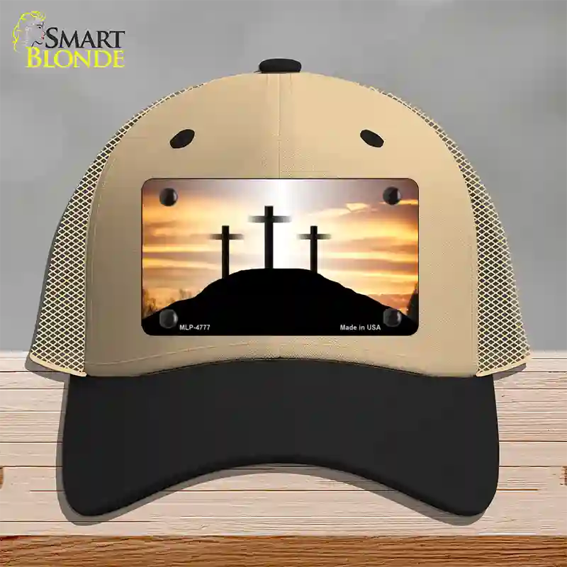 Three Crosses Sunset Novelty License Plate Hat Mesh / Khaki|Black