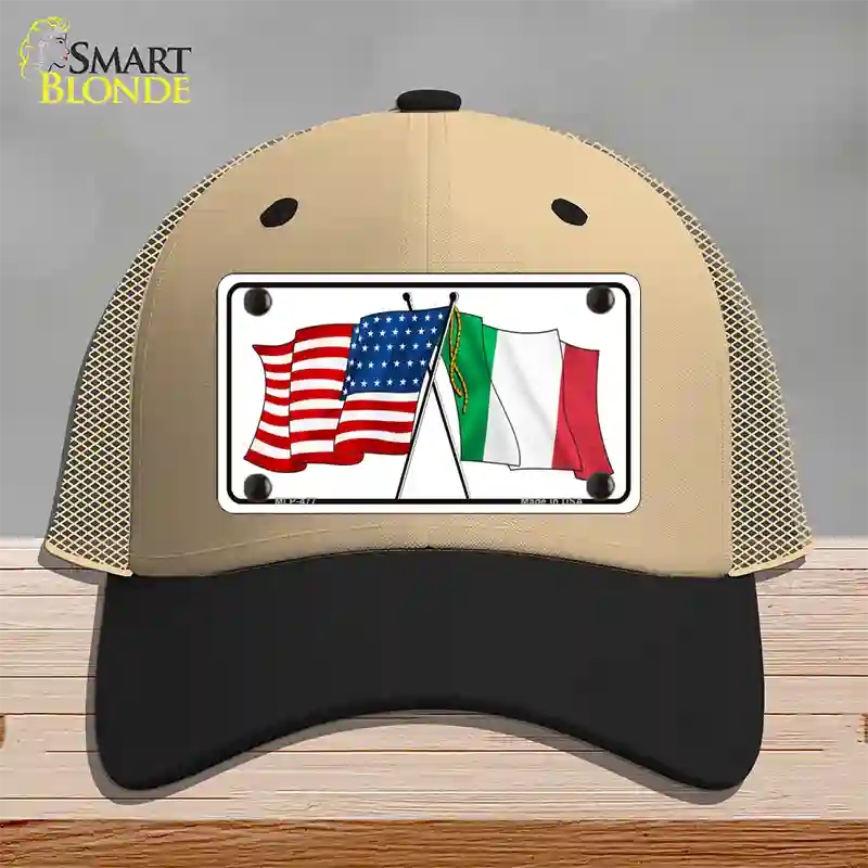 United States Italy Crossed Flags Novelty License Plate Hat Mesh / Khaki|Black