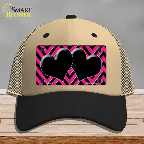 Pink Black Chevon Hearts Novelty License Plate Hat Mesh / Khaki|Black