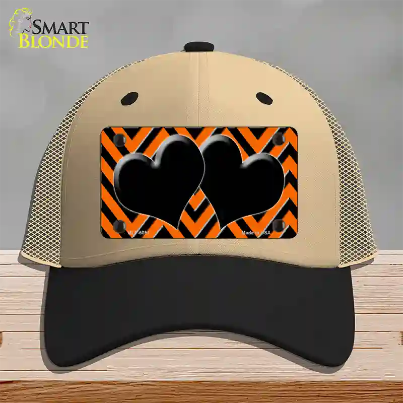 Orange Black Chevon Hearts Novelty License Plate Hat Mesh / Khaki|Black