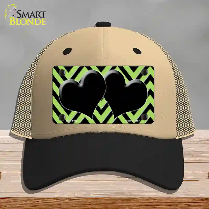 Lime Green Black Chevon Hearts Novelty License Plate Hat Mesh / Khaki|Black