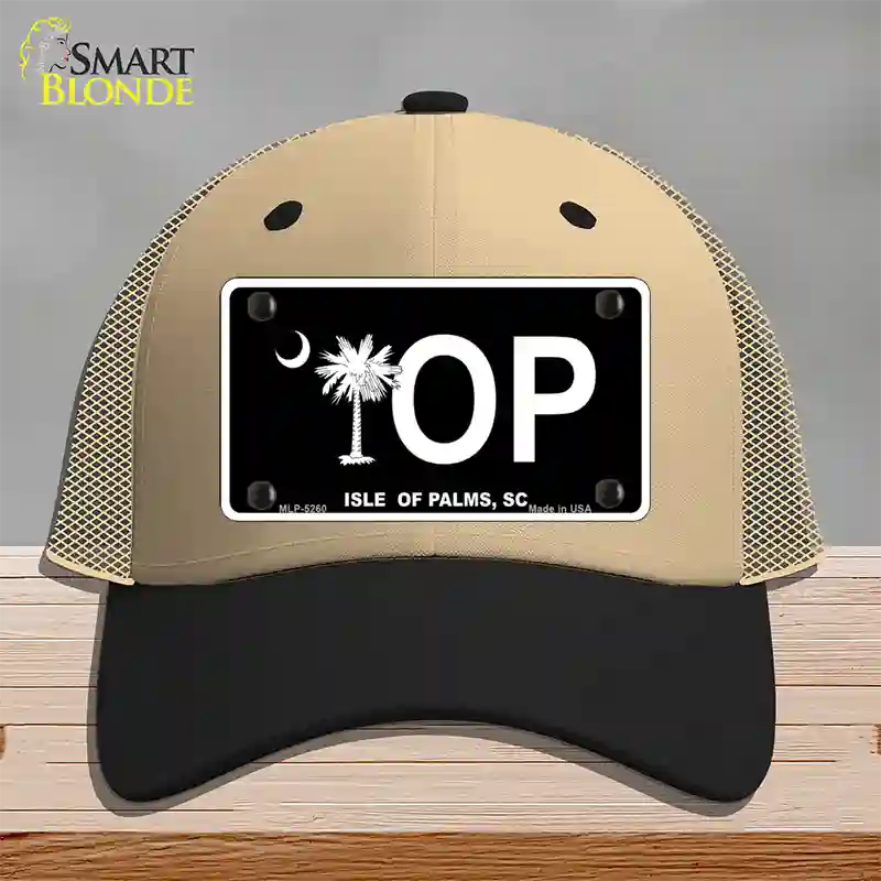 IOP Isle of Palms Black Novelty License Plate Hat Mesh / Khaki|Black