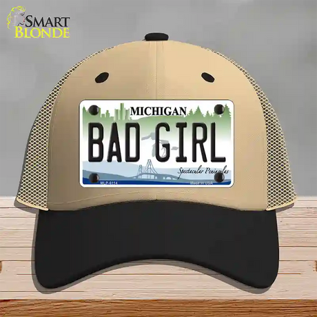 Bad Girl Michigan Novelty License Plate Hat Mesh / Khaki|Black