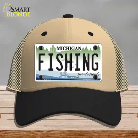 Fishing Michigan Novelty License Plate Hat Mesh / Khaki|Black