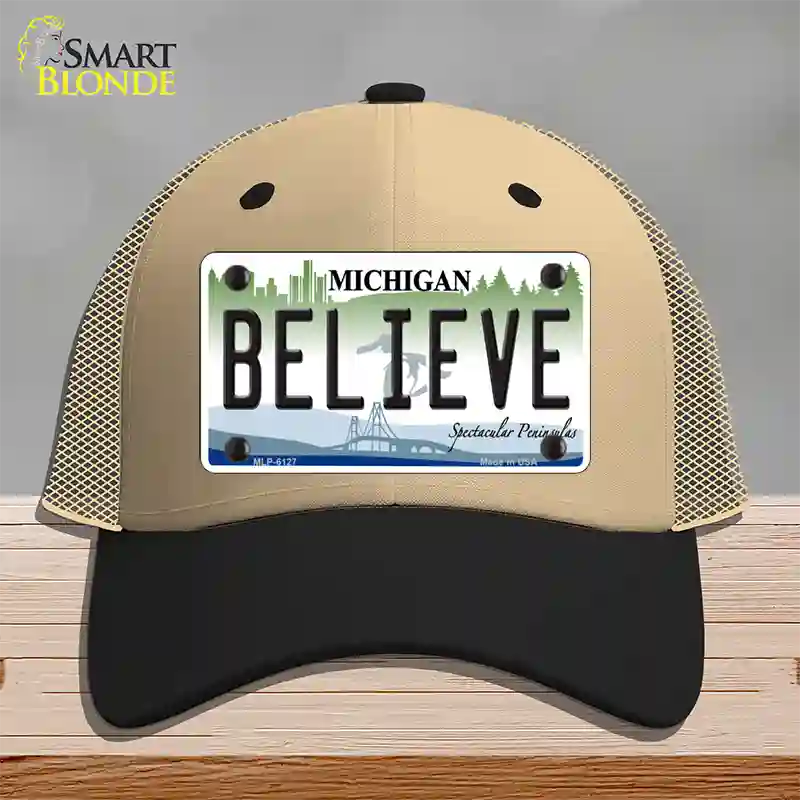 Believe Michigan Novelty License Plate Hat Mesh / Khaki|Black